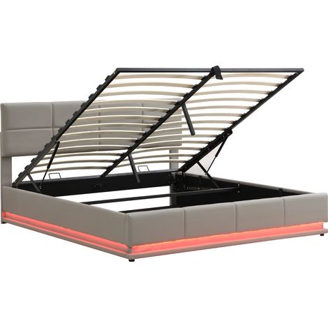 Lit coffre 180x200 cm en cuir PU avec LED, sommier à lattes, gris clair (1/5)