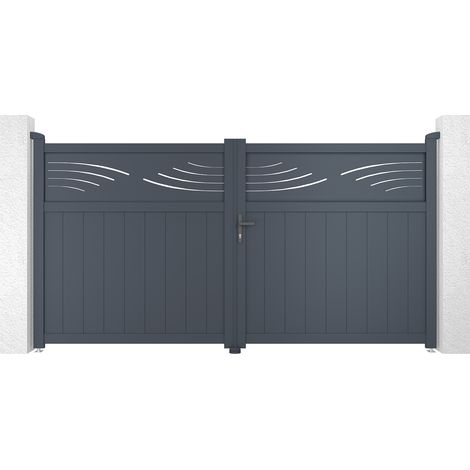 Casanoov – Portail aluminium battant 300x160cm – Coloris gris anthracite RAL 7016 – Motif décoratif 'Nature' – Montage simple et rapide (1/5)