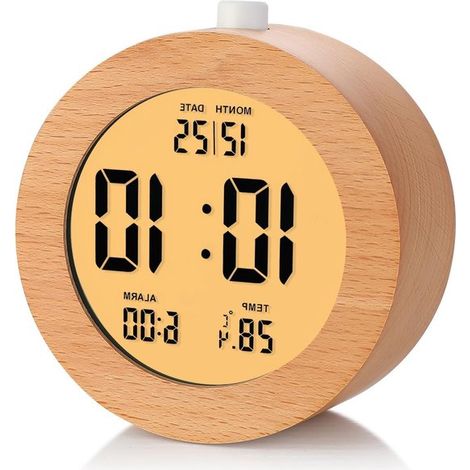 Reloj despertador digital de madera con función de apagado automático y luz nocturna reloj de sobremesa LCD que muestra la hora, la fecha y la temperatura (marrón, redondo, 10,4 cm). (1/5)