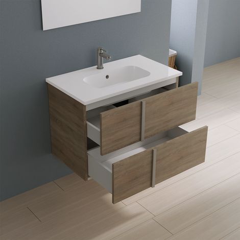 Meuble de salle de bain suspendu 80cm gris sablé avec lavabo inclus et miroir Mod. Hoia