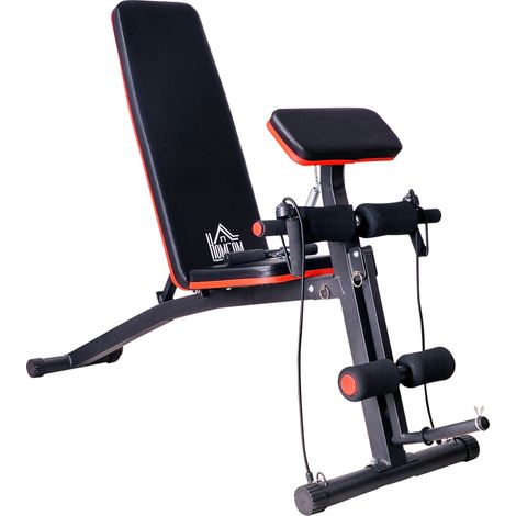Panca Palestra Pieghevole, Panca Addominali Multifunzione Inclinabile con Schienale Regolabile a 7 Livelli, Macchina Leg Extension, Cuscinetto, Banda di Resistenza, per Allenamento Casa, Rosso