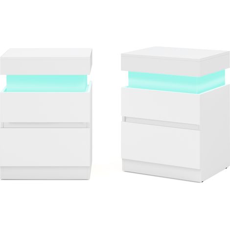 Table de Chevet Moderne avec LED, Lot de 2, Table d’Appoint, 2 Tiroirs, Multiprise Intégrée, 35 x 40 x 55 cm, Blanc (1/5)