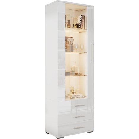 Vitrine haute blanche brillante avec LED contrôlable par appli, 1 porte, 3 tiroirs, façade vitrée et étagères en verre trempé, 60 x 35 x 180 cm  CHICFURN (1/5)
