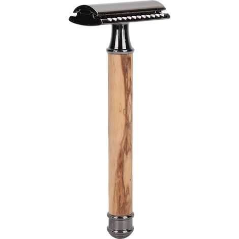 Rasoir manuel à double tête avec manche en bois, prise en main antidérapante, rasoir portable (noir). (1/5)
