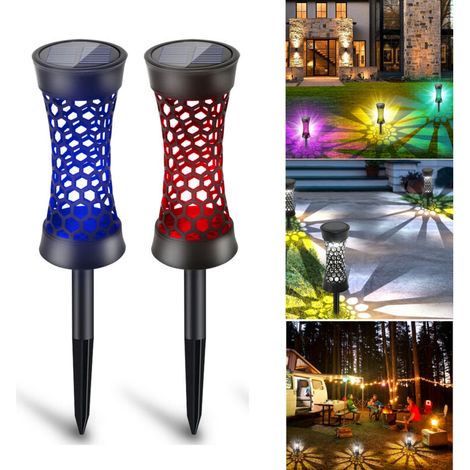 JSSEVN - Paquete de 2 luces solares de césped de 7 colores para decoración de jardín, lámparas de césped huecas para exteriores, luces solares impermeables para caminos. (1/5)