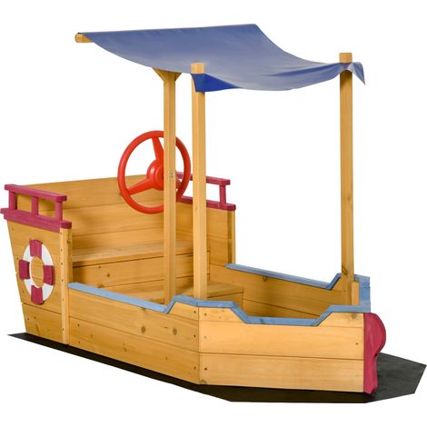 Bac à sable bateau de pirate 160 x 70 x 103 cm voile d'ombrage coffre de rangement rustique décoratif en bois sapin (1/5)