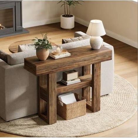 Mesa consola 116x35x19.5 cm, 2 niveles de almacenaje, patas ajustables, MDF marrón (1/5)
