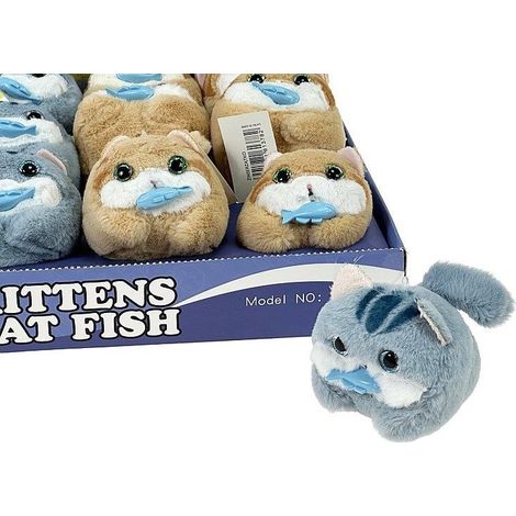 Gattino di peluche con pesce che scodinzola, 13 cm, misto.