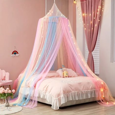 1 morceau de belle moustiquaire de lit arc-en-ciel, tente de princesse de conte de fées colorée (1/4)