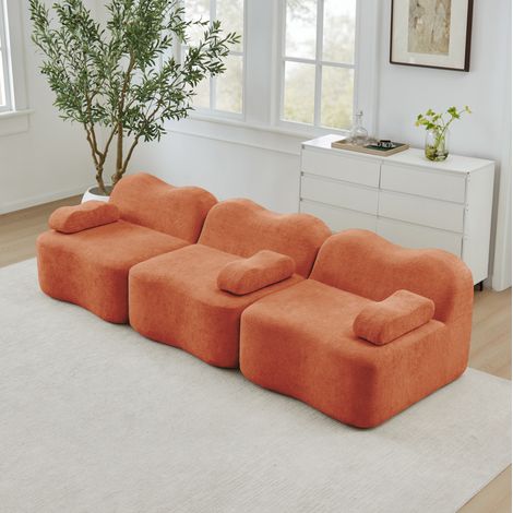 Canapé 3 plazas modular de terciopelo naranja, sin estructura, asiento profundo y módulos configurables (1/5)