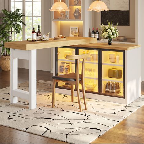 Mesa de comedor extensible 120-197 cm con aparador lateral, giratoria 360°, LED, MDF y cristal - blanco (1/5)