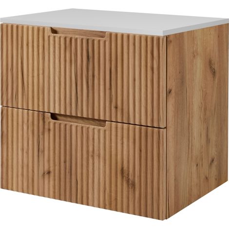 Meuble sous vasque suspendu VENA chêne 60 cm avec plan blanc (1/5)