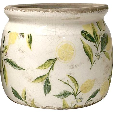 Cache-pot en Céramique Beige Motif Citrons Jaunes et Verts Pot de Fleurs Rond 15 x 13 cm - PANGIVO (1/2)