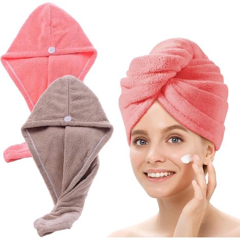 2 Pièces Serviette Cheveux, Microfibre Super Absorbant, Séchage Rapide, Rose Clair + Café Clair