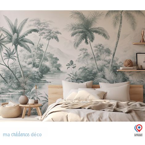 Papier peint : Fresque tropicale et montagne 2, Aquarelle - Intissé - L.400 x H.280 cm - Vert émeraude (1/3)