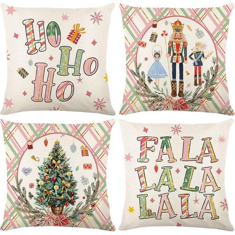 4 Pièces Housse de Coussin de Noel 45x45cm, Housse Coussin Canape en Lin, Decoration de Noel Interieur Shabby Chic, Coussins Decoratifs pour Canapes