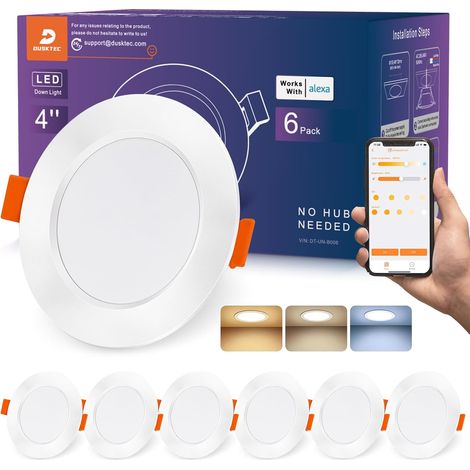 Spot LED Encastrable Connectée Bluetooth Alexa, 220V Spot Encastré Intensité Variable 2700K-6000K Réglable Blanc Chaud, Neutre & Froid Dimmable 7W, IP44 Spot Salle de Bain Plat, Lot de 6 (1/5)