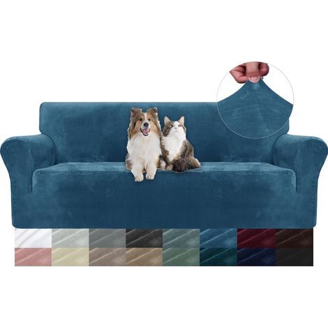 Stretch Velvet Sofa Cover, 3-Seater, Non-Slip, Pet-Friendly, Washable, Peacock Blue (1/5)