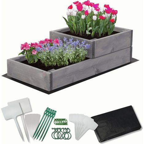 MODO24 Carré potager surélevé en bois, 2 niveaux en cascade, 18x30x63 cm, jardin/terrasse, kit jardinier inclus, gris imprégné