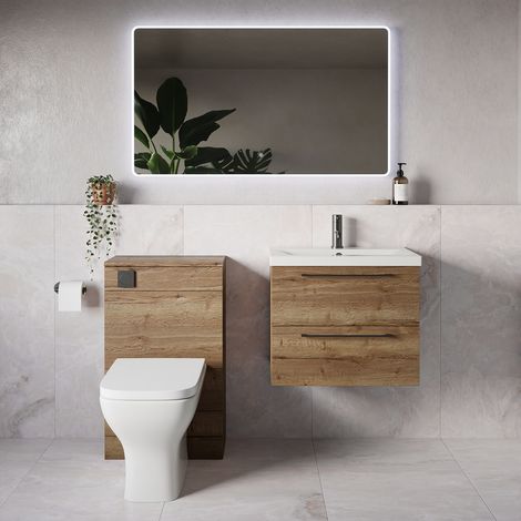 Napoli 390 Tobacco Oak 1100mm Wall Mounted 2 Drawer Vanity Unit and Toilet Suite with Glide Basin - 1100mm - Gunmetal Grey 320mm HandleWith Kingston Toilet Pan and Seat