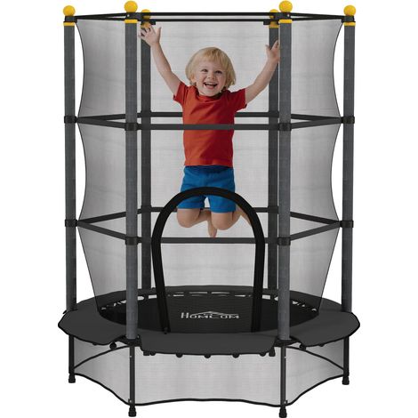 Trampoline Enfant Ø 1,40 × 1,90H m Dossier de sécurité Porte zippée Couvre-Ressorts 6 rembourrés poteaux Inclus Noir