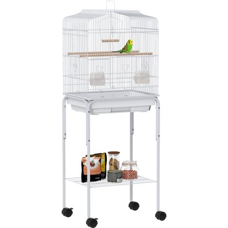 Gabbia uccelli con ruote, ripiano, 2 porte, 2 mangiatoie, 2 trespoli, altalena, vassoio rimovibile, 46,5x36x124 cm, bianca