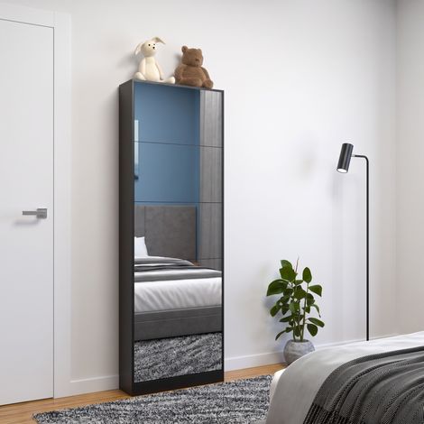 Zapatero ultrafino 5 puertas abatibles con espejo de cuerpo entero 63 x 19,6 x 185 cm negro (1/5)