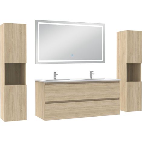 Aica Ensemble meubles Salle de Bain 120cm avec Colonne + Miroir Lumineux 3 Couleurs et Dimmable Chêne Naturel