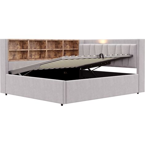 Polsterbett 140 x 200 cm mit Stauraum, Nachtlicht, USB-C, Ablagen, Samt hellgrau MODENUIT (1/5)