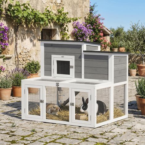 Clapier extérieur pour lapins en bois gris, cage double toit imperméable, enclos deux étages avec trappe supérieure (1/5)