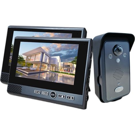 Interphone vidéo sans Fil 7 Pouces 2.4Ghz détection de Mouvement sans poinçon Longue Veille système de sécurité visuel de Sonnette for la Maison(818-2-1) (1/5)