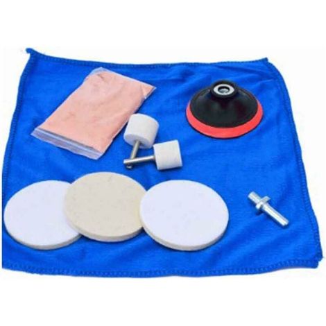 Kit Polissage Verre - Poudre Oxyde de Cérium + Roue en Feutre + Accessoires - Pour Réparation Rayures Légères sur Vitres Automobiles, Miroirs, Aquariums, Parois de Douche - 9 Pièces
