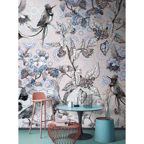 Papier peint panoramique gris pour salle de bain | Tapisserie panoramique oiseaux et motifs colorés | Papier peint panoramique floral - 270 x 400 cm (4 pièces) (1/5)