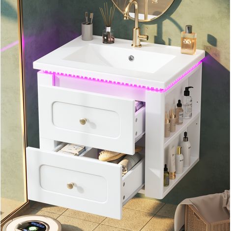 Meuble vasque mural 61 cm blanc brillant avec LED, 2 tiroirs et vasque en céramique (1/5)