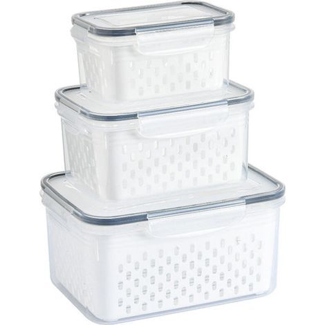 Juego de 3 recipientes herméticos con colador - JINFGERNE - Ideales para frutas, verduras y carnes, prolongan la frescura y organizan tu refrigerador. (1/5)