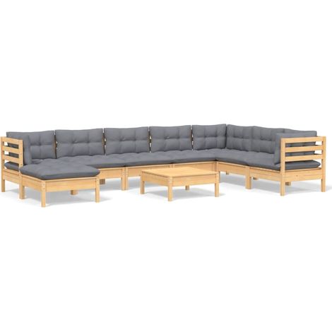 Salon de jardin 9 pcs avec coussins gris Bois de pin 5 (1/5)