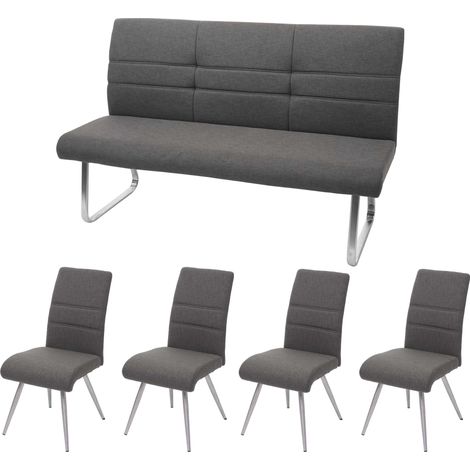Set 4x sedie senza braccioli e panca da interni 180cm HHG-708 acciaio inox tessuto grigio