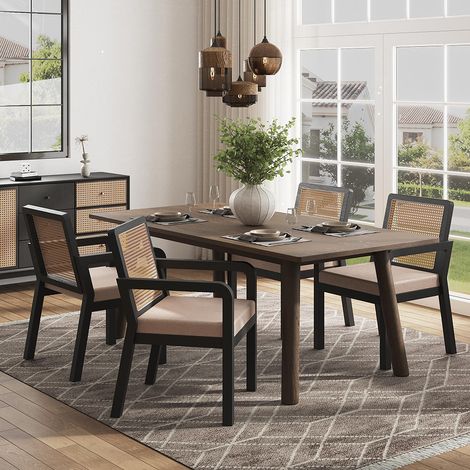 Chaises de salle à manger (4 pièces), revêtement en velours, design ergonomique, dossier en rotin tressé, pieds en bois d'hévéa, noir (1/5)