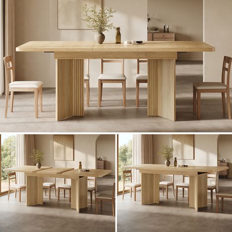 Mesa de comedor extensible de 120–160 cm con patas verticales en forma de V con ranuras, rectangular, disponible en 2 colores: roble claro/nogal. (1/5)