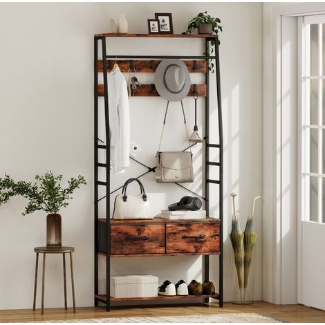 Flurgarderobe 80x30x180 cm Braun Holz und Metall mit Sitzbank, Schuhregal, Kleiderstange und 10 Haken (1/3)