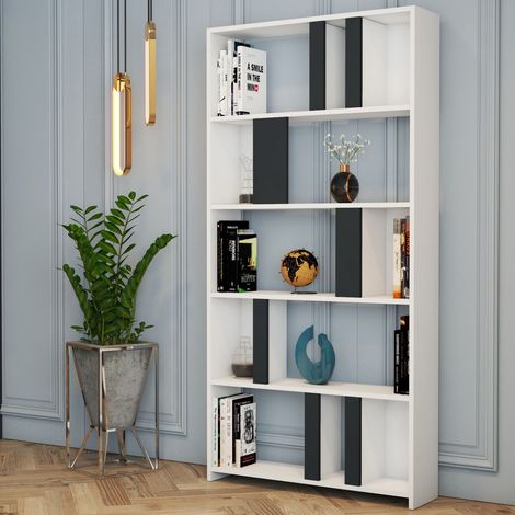 Bücherregal Tribogna, 4 Böden, Freistehend, Struktur anthrazit, 90x20x180h cm, Weiß (1/5)