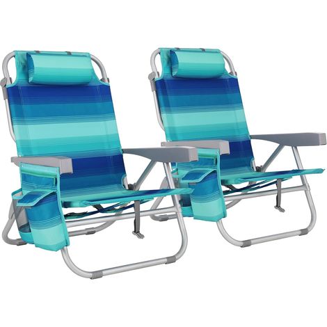 Lot de 2 Chaise de Plage Portable avec Dossier Inclinable,Chaise Longue Pliante,Transat de Plage comme Un Sac à Dos-Bleu (1/5)