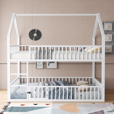Lit superposé pour enfants, 140 x 200 cm, structure métallique avec échelle, conception loft avec porte d'accès à charnières, blanc (1/5)