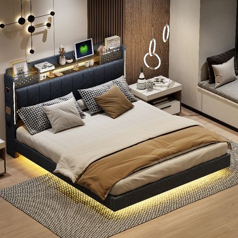 Lit capitonné 160x200 avec LED et port USB, lit double flottant adulte avec rangement caché dans la tête de lit, tissu en lin gris (1/5)