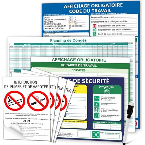 Pack de 9 Code du Travail Affichage Obligatoire Panneaux Autocollants Calendrier Annuel 400x300mm Horaire de Travail Consignes de Sécurité 200x300mm Interdiction de Fumer Avec Stylo Effaçable (1/5)