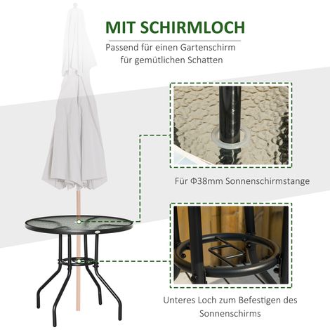 Table de terrasse ronde en verre trempé et métal noir, table bistrot avec trou pour parasol, meuble d'extérieur Ø80 x 72 cm