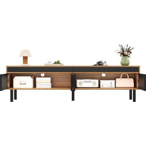 Meuble TV avec 4 Portes et Poussoirs, Effet Lames, Pieds en Bois, Style Moderne, en Panneaux, Noir, 170×38×47 cm (1/5)