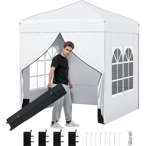 Tonnelle de Jardin, Pop Up Tente Pliable, avec 4 Côtés, Sac de Sable, Hauteur Réglable, Structure Métallique, Sac de Transport, Barnum Pliable, Blanc (1/5)
