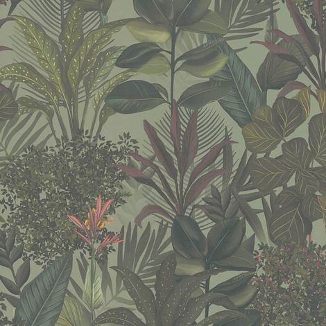 Blumen Tapete Profhome 394331 heißgeprägte Vliestapete leicht strukturiert mit Dschungel-Design matt grün bordeaux-violett oliv-braun 5,33 m2