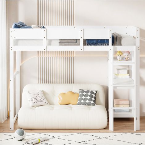 Hochbett 90x200 mit Ablageregal aus Kiefernholz Weiß OKMYHOME (1/5)
